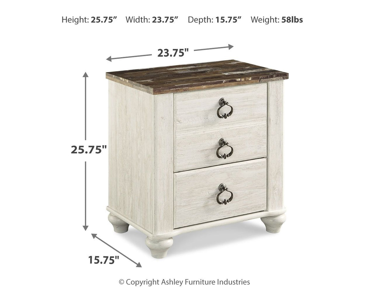 Willowton - Two Drawer Night Stand - Brown / Beige / White