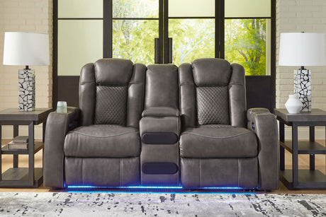 Furniture City Houma - Ashley Furniture - Fyne-Dyme Power Reclining Loveseat with Console - PWR REC Loveseat/CON/ADJ HDRST / Shadow - 3660218