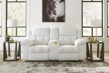 Furniture City Houma - Ashley Furniture - Frohn Reclining Loveseat with Console - DBL Rec Loveseat w/Console / Snow - 3740594