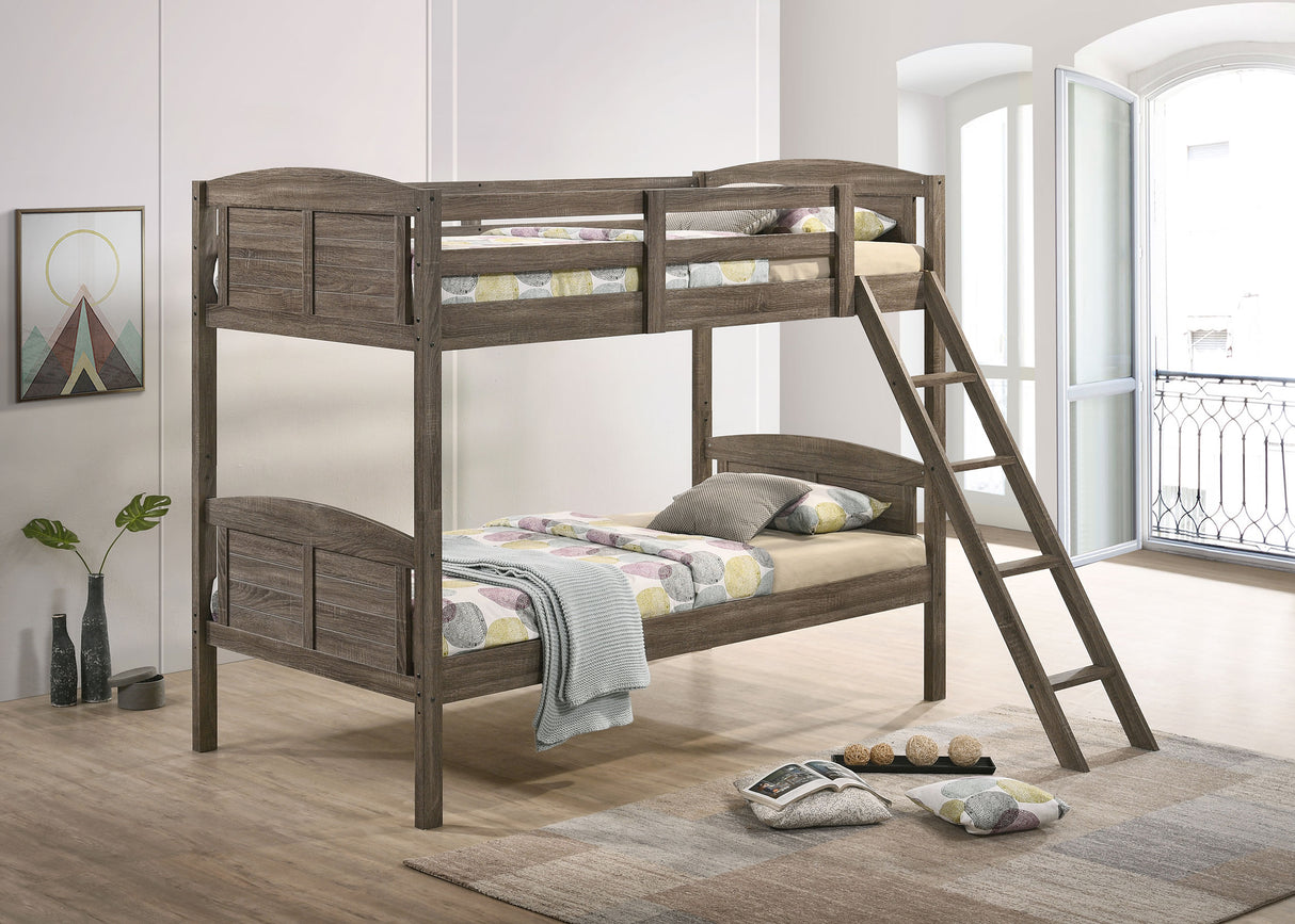 Furniture City Houma - Coaster - Flynn Wood Twin Over Twin Bunk Bed with Mattress Weathered Brown - 400808-SM