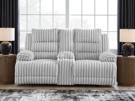 Furniture City Houma - Ashley Furniture - Rhines Falls Power Reclining Loveseat with Console - DBL REC PWR Loveseat w/Console / Alloy - PC4280496
