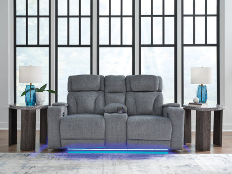 Furniture City Houma - Ashley Furniture - Studio Cave Power Reclining Loveseat with Console - PWR REC Loveseat/CON/ADJ HDRST / Steel - PC4980218