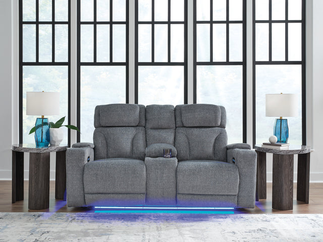 Furniture City Houma - Ashley Furniture - Studio Cave Power Reclining Loveseat with Console - PWR REC Loveseat/CON/ADJ HDRST / Steel - PC4980218
