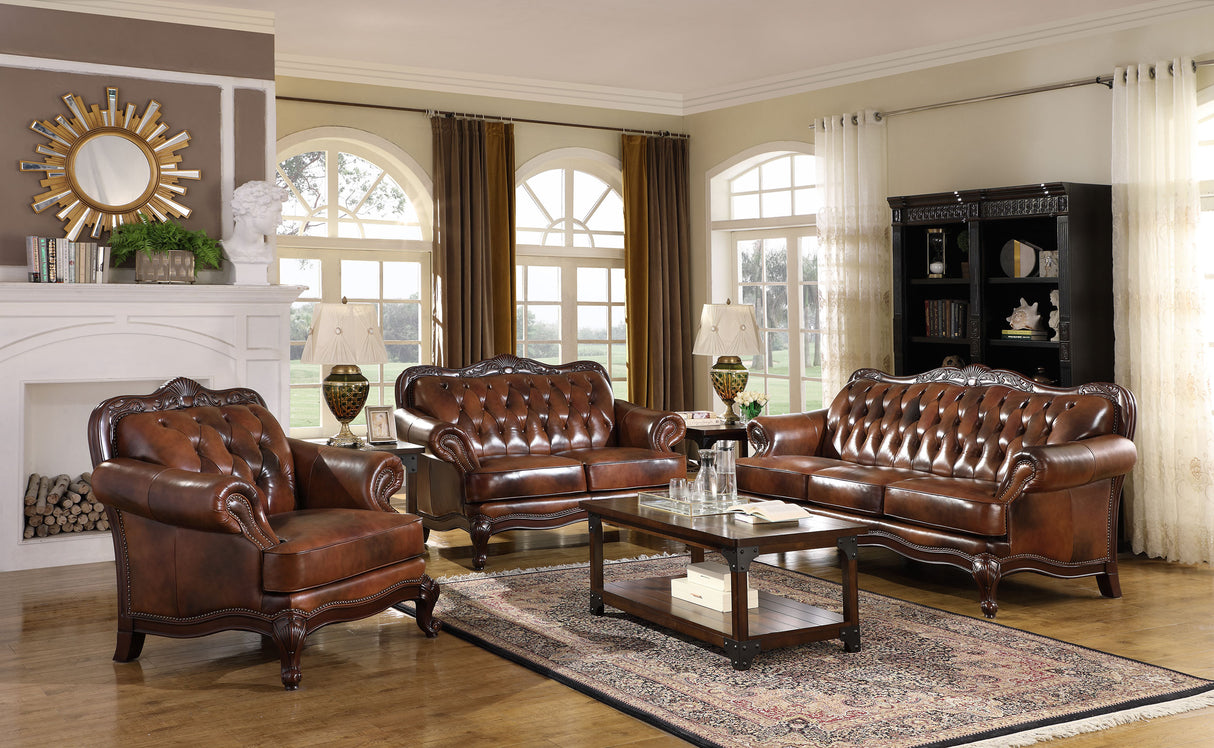 Furniture City Houma - Coaster - Victoria 3-piece Full Leather Upholstered Sofa Set Brown - 500681-S3