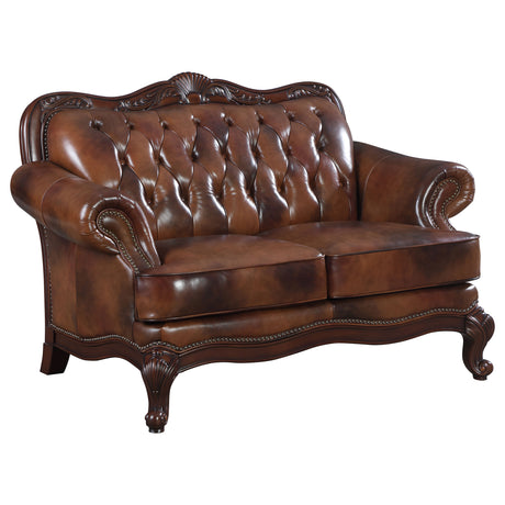 Furniture City Houma - Coaster - Victoria Full Leather Upholstered Rolled Arm Loveseat Brown - 500682