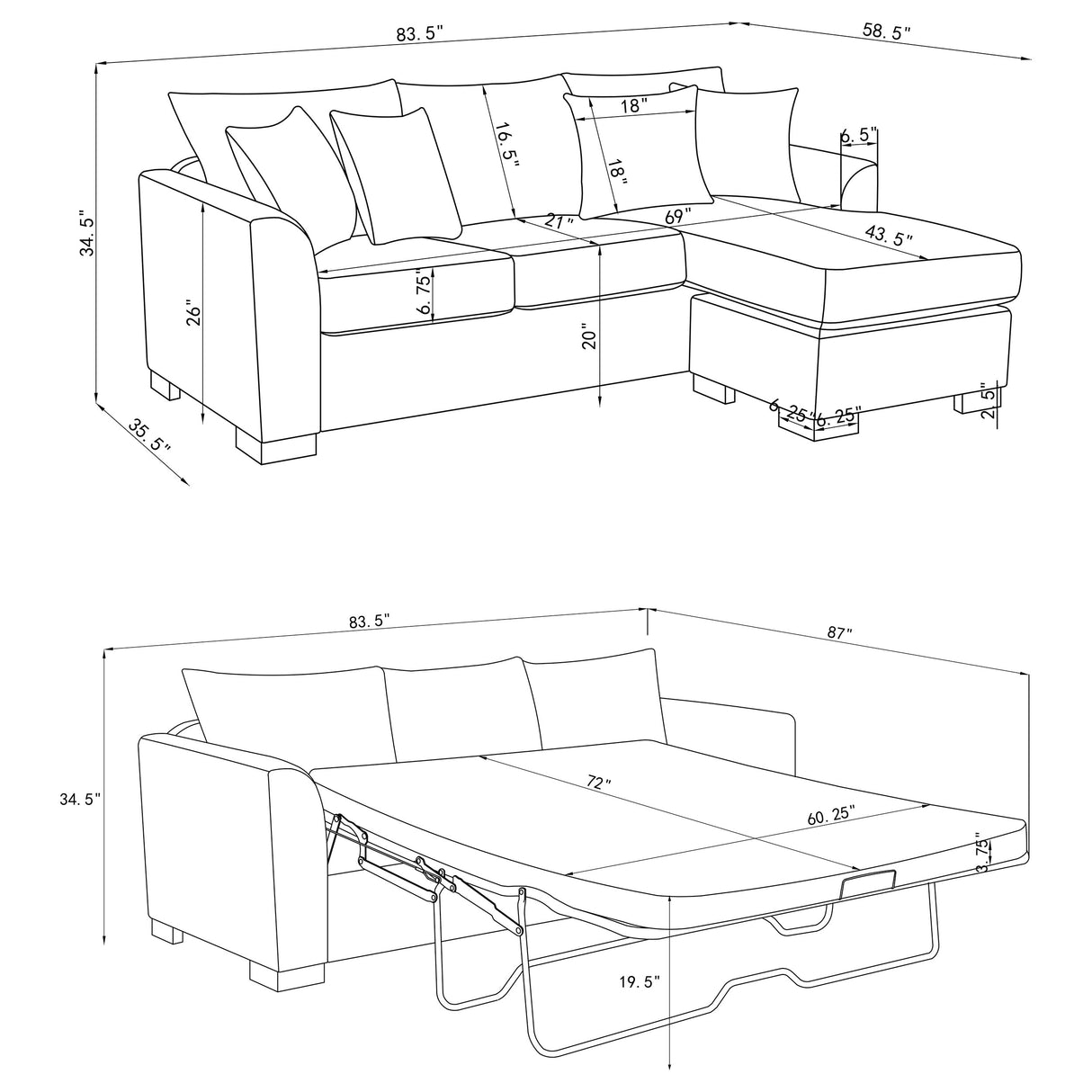 Storey Upholstered Sleeper Sectional Chaise Sofa Dark Grey
