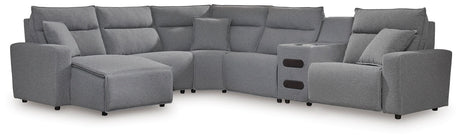 Furniture City Houma - Ashley Furniture - ModMax II 6-Piece Reclining Sectional with Chaise and Audio Console - 6-Piece Reclining Sectional with Chaise and Audio Console / Salt and Pepper - 65906S29