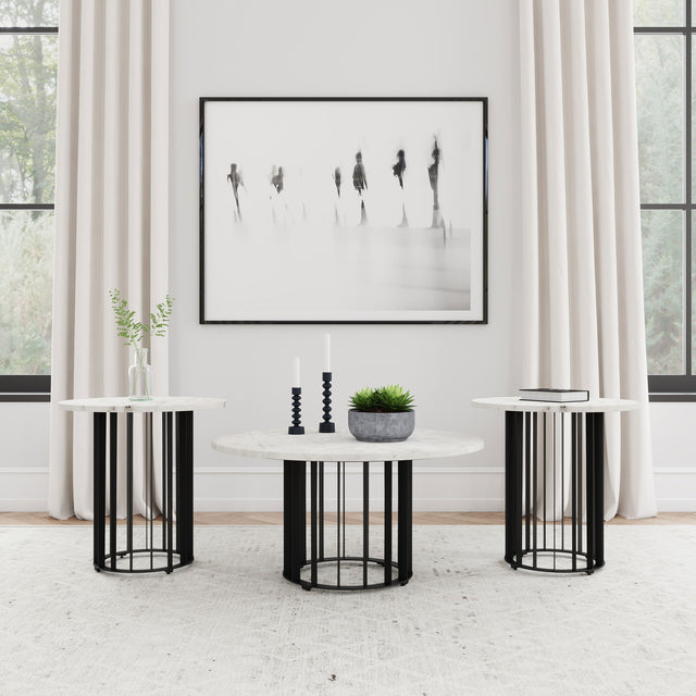 Furniture City Houma - Coaster - Haven 3-piece Round Marble Coffee and End Table Set Black - 706208-S3