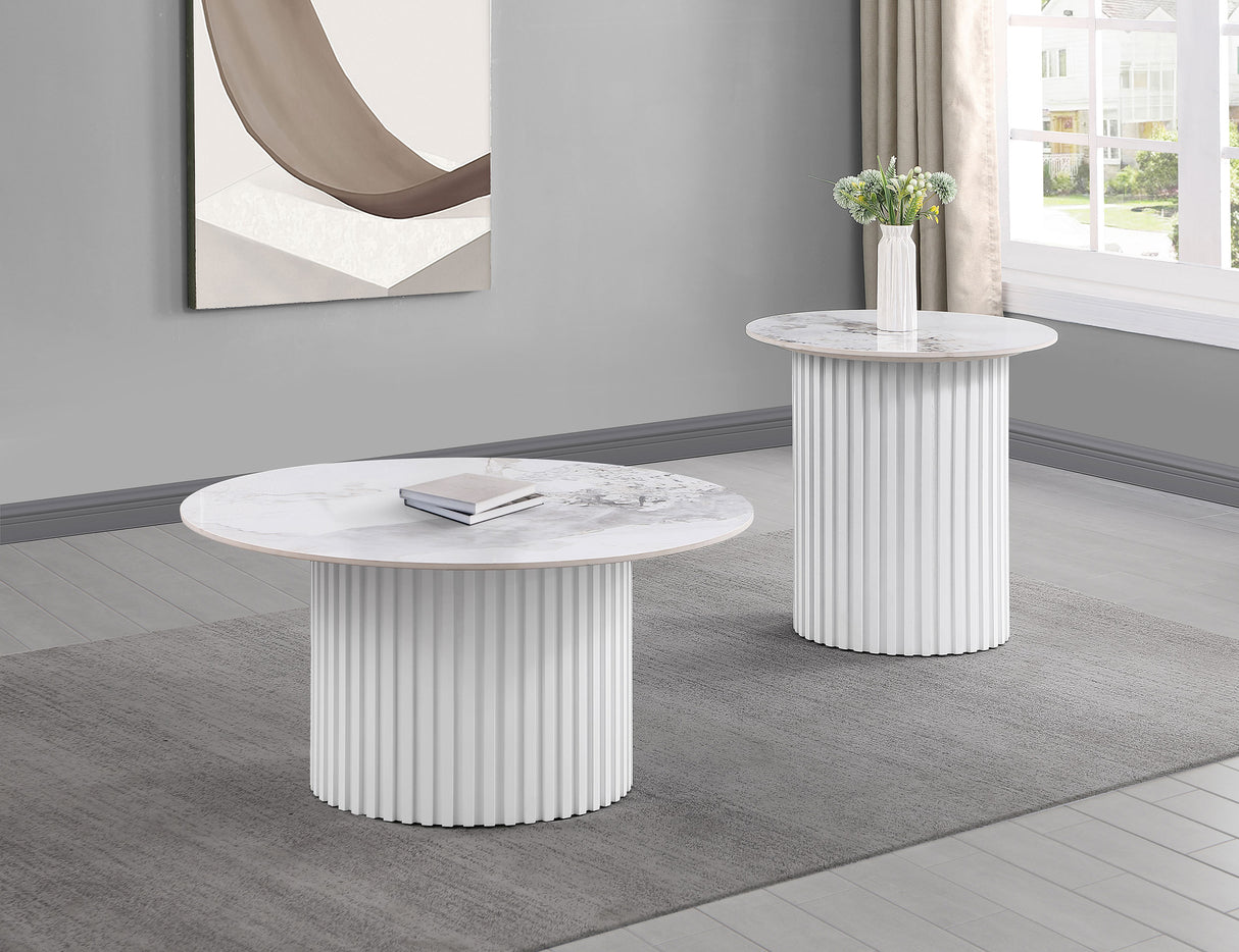 Furniture City Houma - Coaster - Rowena 2-piece Coffee and End Table Set White Faux Marble - 708338-S2
