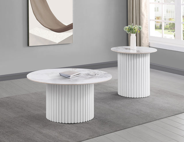 Furniture City Houma - Coaster - Rowena 2-piece Coffee and End Table Set White Faux Marble - 708338-S2