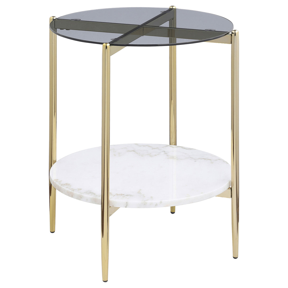 Furniture City Houma - Coaster - Jonelle Round Glass Top End Table White Marble Shelf Gold - 710337