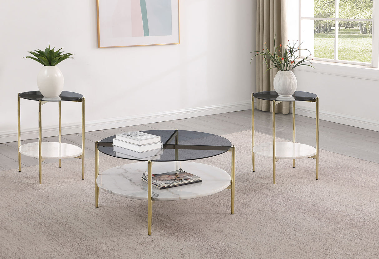 Furniture City Houma - Coaster - Jonelle 3-piece Round Coffee and End Table Set Gold - 710338-S3