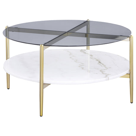 Furniture City Houma - Coaster - Jonelle Round Glass Top Coffee Table White Marble Shelf Gold - 710338