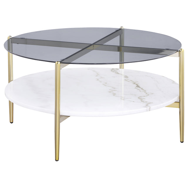 Furniture City Houma - Coaster - Jonelle Round Glass Top Coffee Table White Marble Shelf Gold - 710338