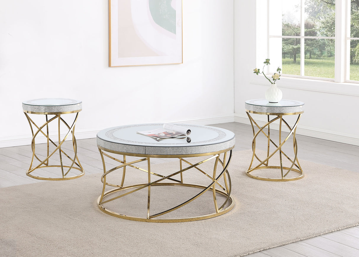 Furniture City Houma - Coaster - Elise 3-piece Round Mirror Top Coffee and End Table Set Gold - 710368-S3