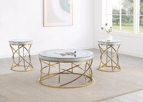 Furniture City Houma - Coaster - Elise 3-piece Round Mirror Top Coffee and End Table Set Gold - 710368-S3