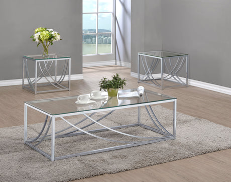 Furniture City Houma - Coaster - Lille 3-piece Glass Top Coffee End Sofa Table Set Chrome - 720498-S3