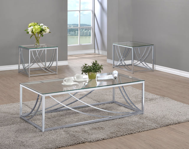 Furniture City Houma - Coaster - Lille 3-piece Glass Top Coffee End Sofa Table Set Chrome - 720498-S3