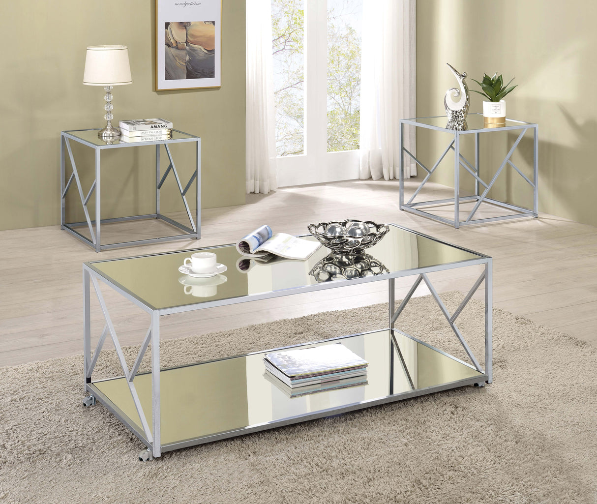 Furniture City Houma - Coaster - Provins 3-piece Coffee and End Table Set Mirror and Chrome - 720794