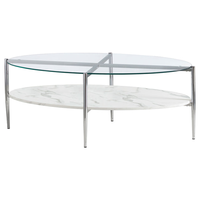 Furniture City Houma - Coaster - Cadee Oval Glass Top Coffee Table White and Chrome - 723278