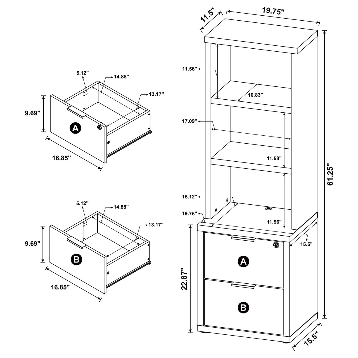 Westpark 3-shelf Bookcase USB and Lockable Drawer Dark Pine
