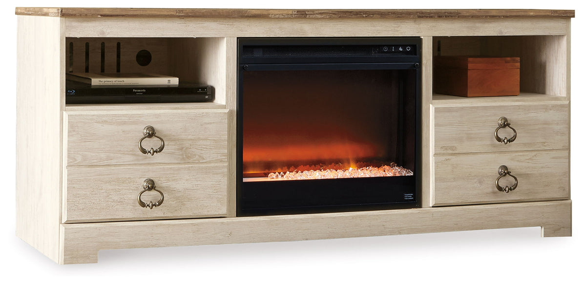 Willowton - 64" TV Stand With Glass/Stone Fireplace Insert - Whitewash