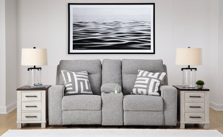 Furniture City Houma - Ashley Furniture - Biscoe Power Reclining Loveseat with Console - PWR REC Loveseat/CON/ADJ HDRST / Pewter - 9050318