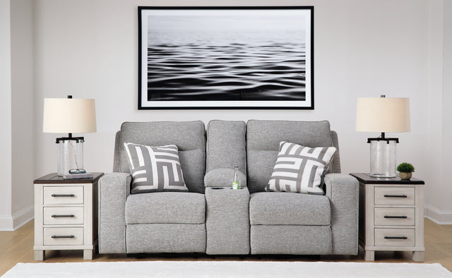 Furniture City Houma - Ashley Furniture - Biscoe Power Reclining Loveseat with Console - PWR REC Loveseat/CON/ADJ HDRST / Pewter - 9050318