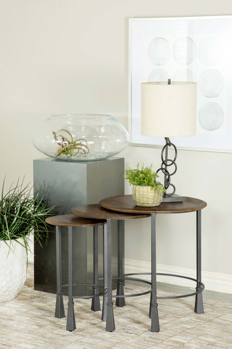 Furniture City Houma - Coaster - Deja 3-piece Round Nesting Table Set Natural and Gunmetal - 935971