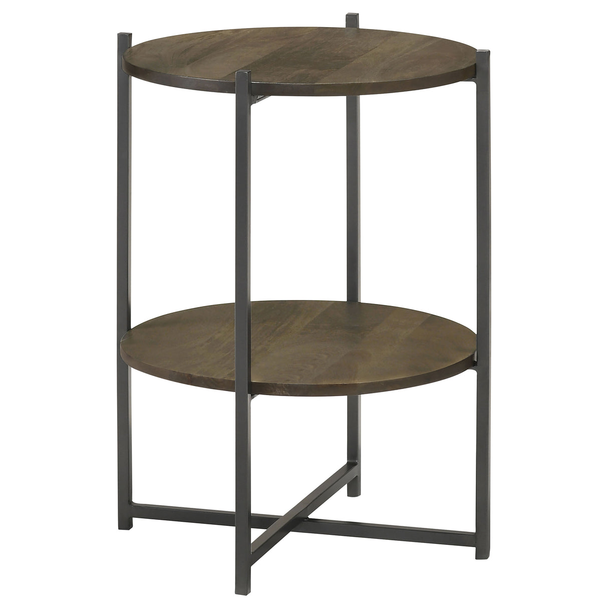 Furniture City Houma - Coaster - Axel Round Accent Table with Open Shelf Natural and Gunmetal - 935993