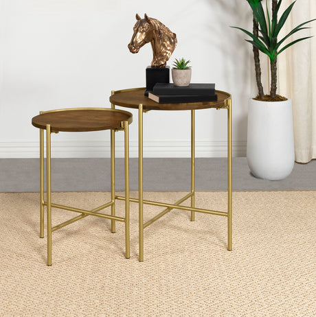 Furniture City Houma - Coaster - Malka 2-piece Round Wood Nesting Table Dark Brown and Gold - 936168
