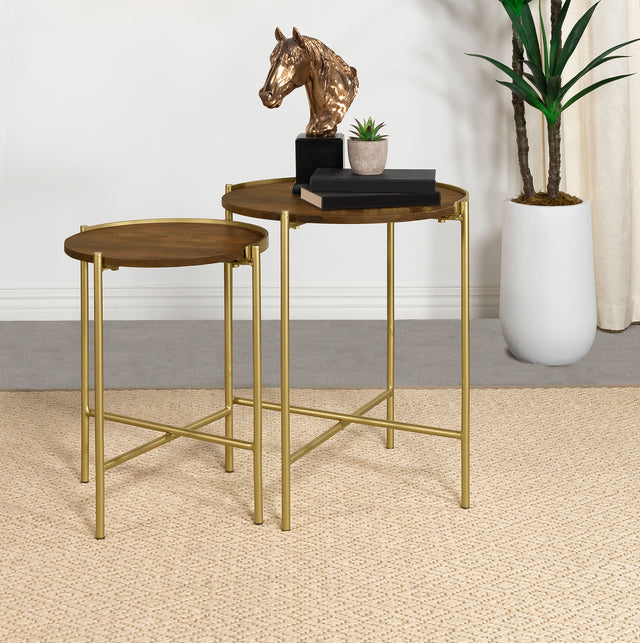 Furniture City Houma - Coaster - Malka 2-piece Round Wood Nesting Table Dark Brown and Gold - 936168