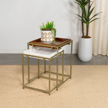Furniture City Houma - Coaster - Bolden 2-Piece Wood and Marble Top Nesting Table Set Gold - 936172