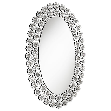 Furniture City Houma - Coaster - Colleen 31 x 47 Inch Oval Wall Mirror Crystal Flowers Silver - 961615