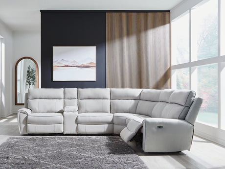 Furniture City Houma - Ashley Furniture - Social Pointe 6-Piece Reclining Sectional with Storage Console - 6-Piece Reclining Sectional with Storage Console / Pearl/Ash - PC98802S36