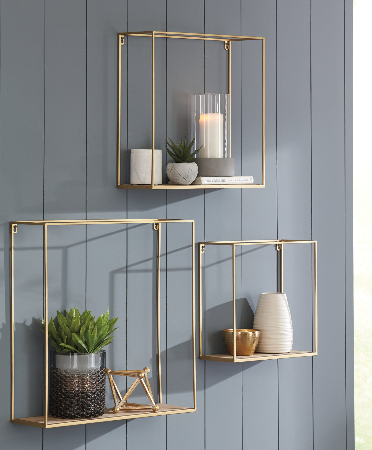 Furniture City Houma - Ashley Furniture - Efharis Wall Shelf (Set of 3) - Wall Shelf Set (3/CN) / Natural/Gold Finish - A8010107