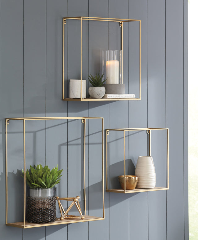 Furniture City Houma - Ashley Furniture - Efharis Wall Shelf (Set of 3) - Wall Shelf Set (3/CN) / Natural/Gold Finish - A8010107
