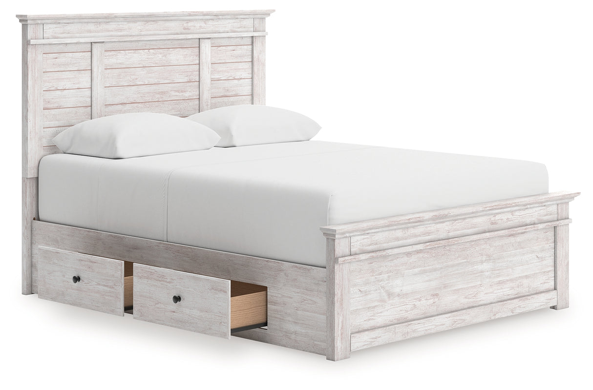 Makidern Queen Panel Bed with Storage, Dresser and Mirror