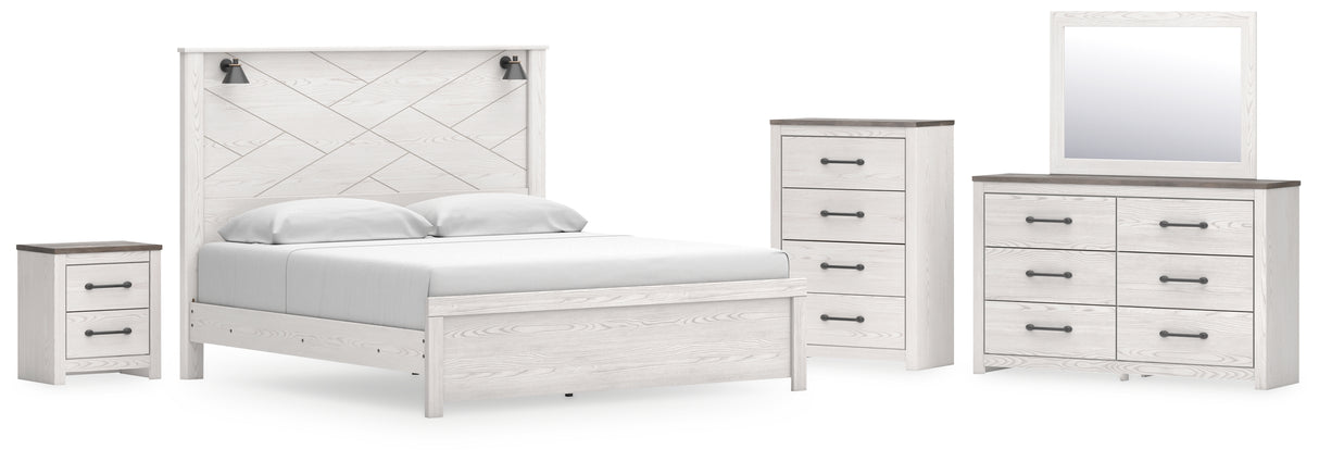 Furniture City Houma - Ashley Furniture - Gerridan King Panel Bed - King Panel Bed, Dresser, Mirror, Chest, and Nightstand / White/Gray - B1190B16