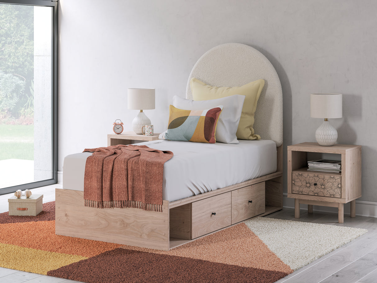 Furniture City Houma - Ashley Furniture - Arloster Bedroom - Twin Upholstered Panel Bed with Storage / Tan/White - PCB1566B4