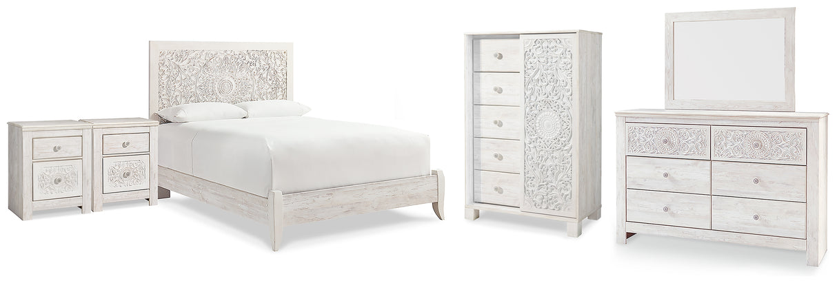 Furniture City Houma - Ashley Furniture - Paxberry Queen Panel Bed - Queen Panel Bed, Dresser, Mirror, Chest and 2 Nightstands / Whitewash - B181B36
