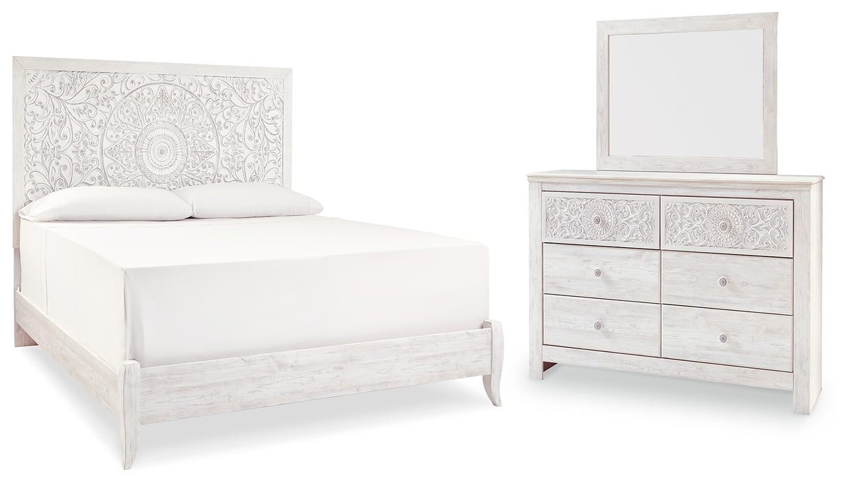 Furniture City Houma - Ashley Furniture - Paxberry King Panel Bed - King Panel Bed, Dresser and Mirror / Whitewash - B181B9