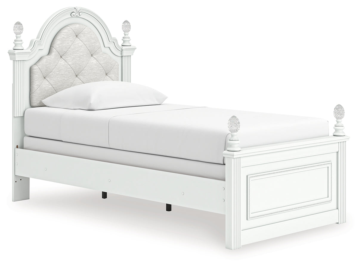 Kozlani Twin Upholstered Panel Bed, Dresser and Mirror