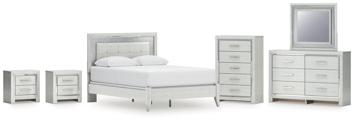 Furniture City Houma - Ashley Furniture - Zyniden Queen Upholstered Panel Bed - Queen Upholstered Panel Bed, Dresser, Mirror, Chest and 2 Nightstands / Silver - B2114B17
