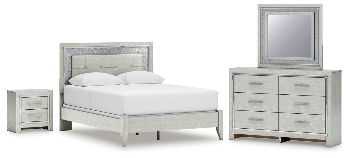 Furniture City Houma - Ashley Furniture - Zyniden Queen Upholstered Panel Bed - Queen Upholstered Panel Bed, Dresser, Mirror and Nightstand / Silver - B2114B7
