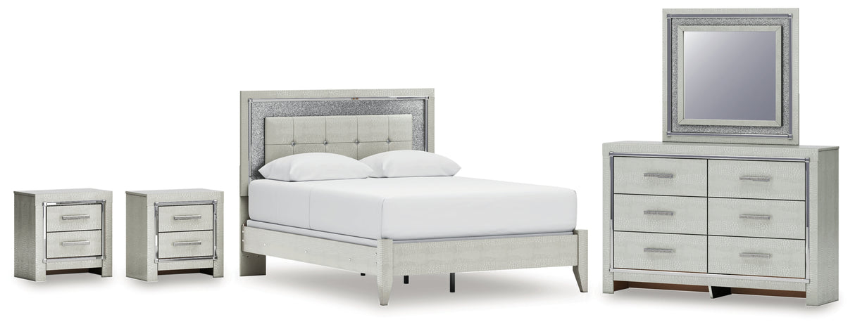 Furniture City Houma - Ashley Furniture - Zyniden Queen Panel Bed, Dresser, Mirror and 2 Nightstands - Queen Panel Bed, Dresser, Mirror and 2 Nightstands / Silver - B2114B16