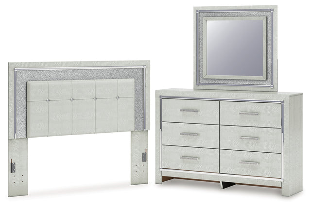 Furniture City Houma - Ashley Furniture - Zyniden Queen Upholstered Panel Headboard, Dresser and Mirror - Queen Upholstered Panel Headboard, Dresser and Mirror / Silver - B2114B9
