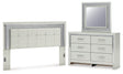 Furniture City Houma - Ashley Furniture - Zyniden King Upholstered Panel Headboard, Dresser and Mirror - King Upholstered Panel Headboard, Dresser and Mirror / Silver - B2114B10