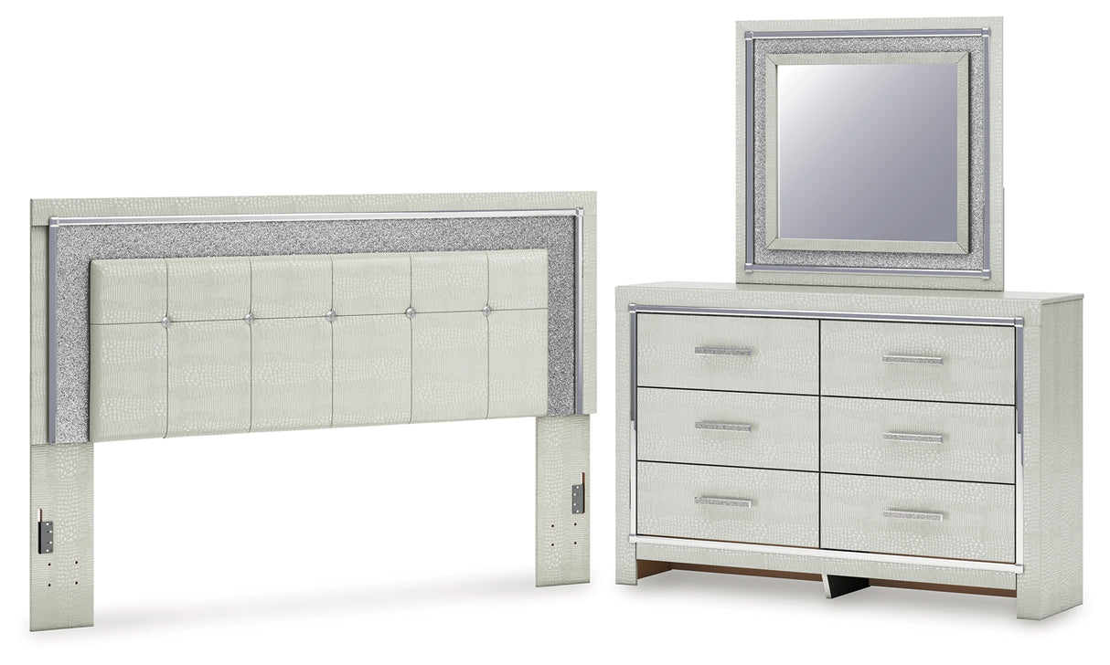 Furniture City Houma - Ashley Furniture - Zyniden King Upholstered Panel Headboard, Dresser and Mirror - King Upholstered Panel Headboard, Dresser and Mirror / Silver - B2114B10