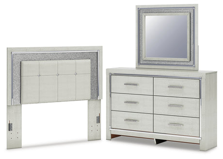 Furniture City Houma - Ashley Furniture - Zyniden Full Upholstered Panel Headboard, Dresser and Mirror - Full Upholstered Panel Headboard, Dresser and Mirror / Silver - B2114B11